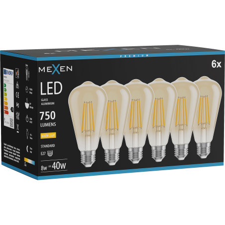 Mexen Vintis 6x LED siūlų lemputė E27, ST64, 8W, Šilta - 2700K, 750 lm, gintaro - L152-E27-0827-50x06