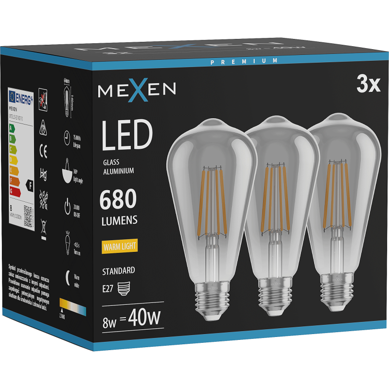 Mexen Vintis 3x LED siūlo lemputė E27, ST64, 8W, Šilta - 2700K, 680 lm, dūminė - L152-E27-0827-70x03