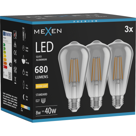 Mexen Vintis 3x LED siūlo lemputė E27, ST64, 8W, Šilta - 2700K, 680 lm, dūminė - L152-E27-0827-70x03