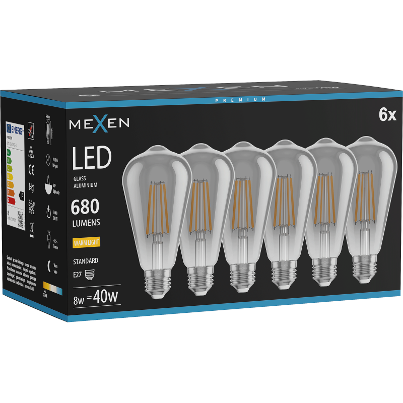 Mexen Vintis 6x LED lemputė su siūleliu E27, ST64, 8W, Šilta - 2700K, 680 lm, dūmo spalvos - L152-E27-0827-70x06