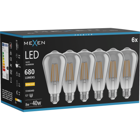 Mexen Vintis 6x LED lemputė su siūleliu E27, ST64, 8W, Šilta - 2700K, 680 lm, dūmo spalvos - L152-E27-0827-70x06