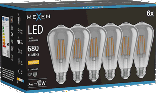 Mexen Vintis 6x LED lemputė su siūleliu E27, ST64, 8W, Šilta - 2700K, 680 lm, dūmo spalvos - L152-E27-0827-70x06