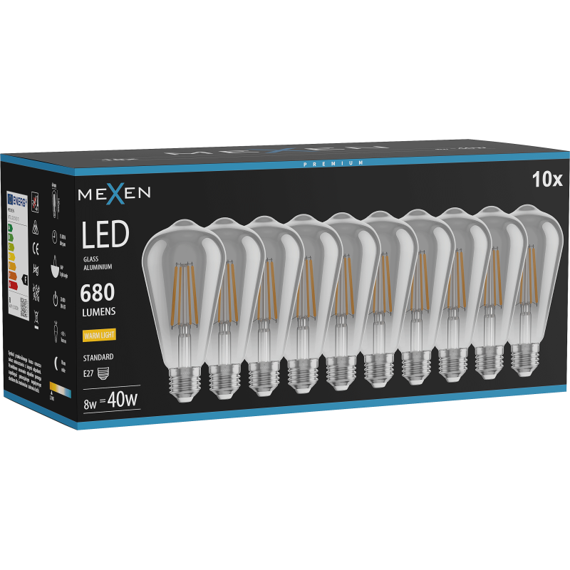 Mexen Vintis 10x Lemputė Filamentinė LED E27, ST64, 8W, Šilta - 2700K, 680 lm, dūminė - L152-E27-0827-70x10