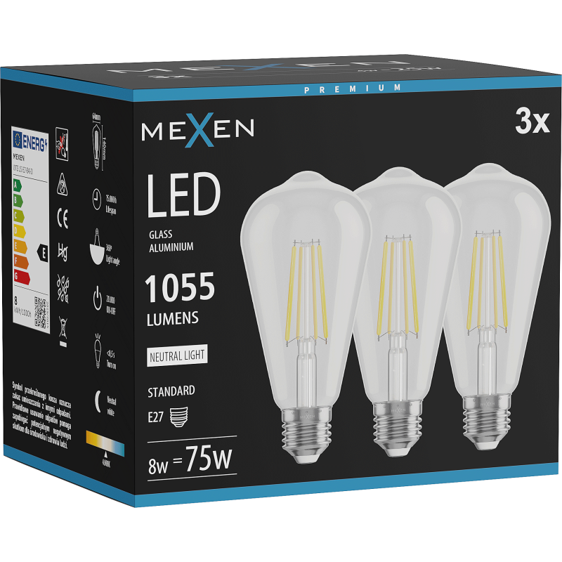Mexen Vintis 3x LED lemputė su gijų siūle E27, ST64, 8W, Neutrali - 4000K, 1055 lm, skaidri - L152-E27-0840-00x03