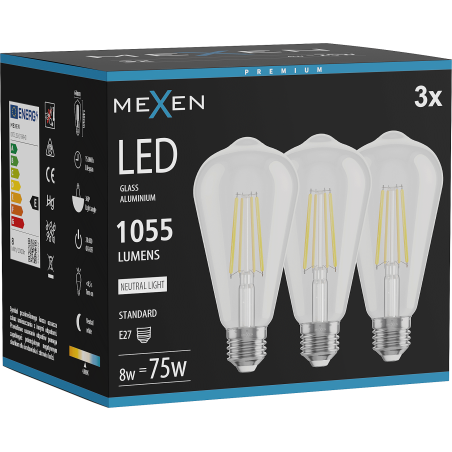 Mexen Vintis 3x LED lemputė su gijų siūle E27, ST64, 8W, Neutrali - 4000K, 1055 lm, skaidri - L152-E27-0840-00x03
