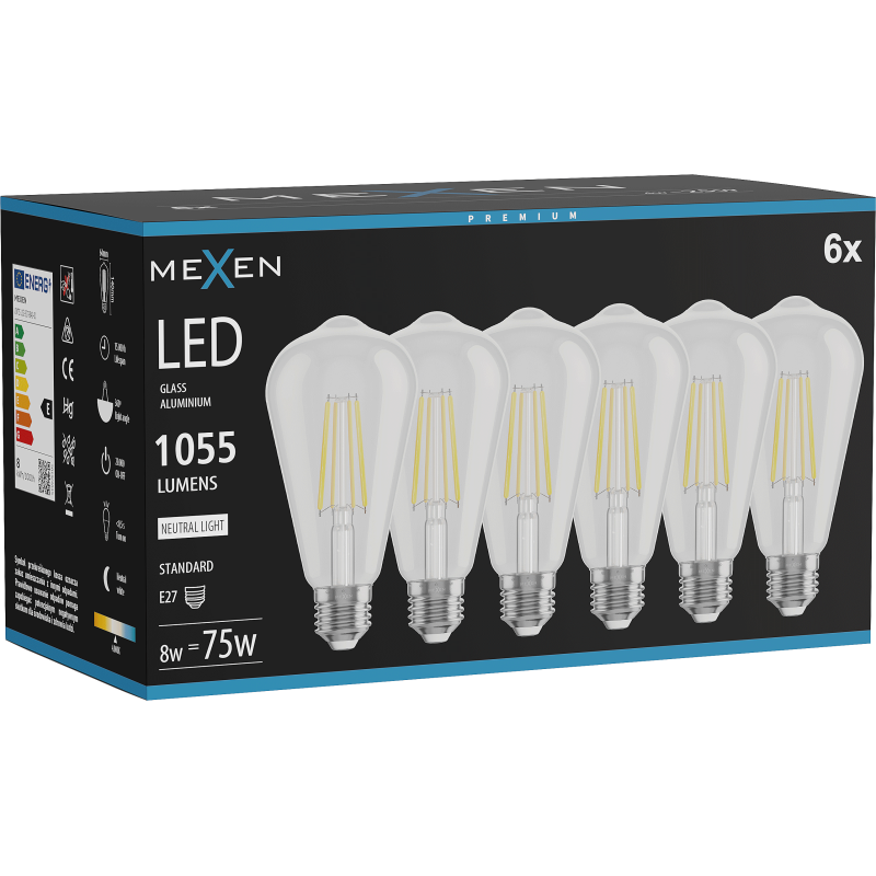 Mexen Vintis 6x LED siūlų lemputė E27, ST64, 8W, Neutrali - 4000K, 1055 lm, skaidri - L152-E27-0840-00x06