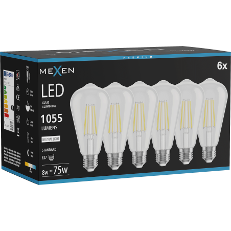 Mexen Vintis 6x LED siūlų lemputė E27, ST64, 8W, Neutrali - 4000K, 1055 lm, skaidri - L152-E27-0840-00x06