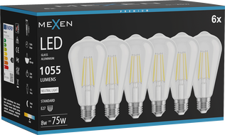 Mexen Vintis 6x LED siūlų lemputė E27, ST64, 8W, Neutrali - 4000K, 1055 lm, skaidri - L152-E27-0840-00x06