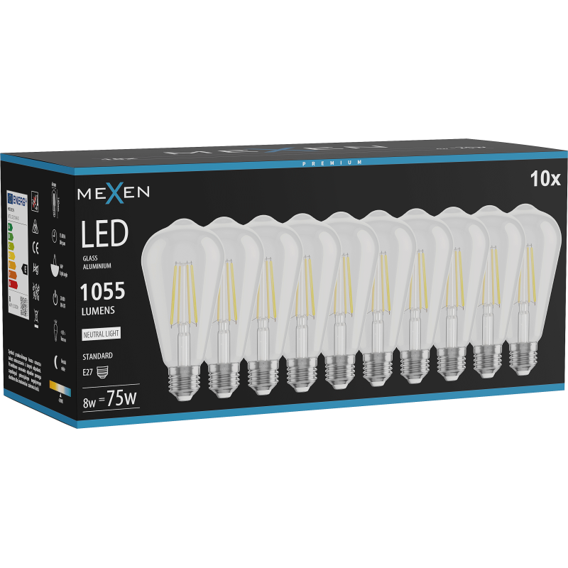 Mexen Vintis 10x LED siūlelio lemputė E27, ST64, 8W, Neutrali - 4000K, 1055 lm, skaidri - L152-E27-0840-00x10