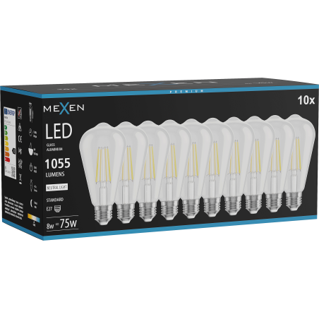 Mexen Vintis 10x LED siūlelio lemputė E27, ST64, 8W, Neutrali - 4000K, 1055 lm, skaidri - L152-E27-0840-00x10