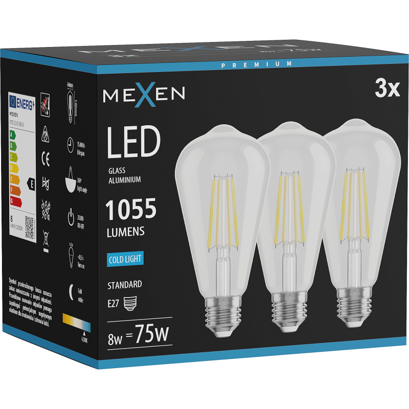 Mexen Vintis 3x LED filamento lempa E27, ST64, 8W, Šalta - 6500K, 1055 lm, skaidri - L152-E27-0865-00x03