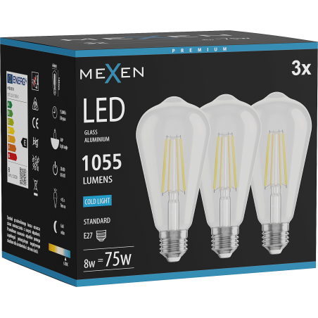 Mexen Vintis 3x LED filamento lempa E27, ST64, 8W, Šalta - 6500K, 1055 lm, skaidri - L152-E27-0865-00x03