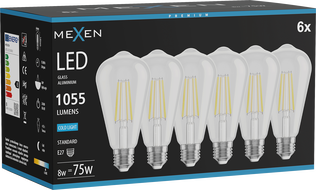 Mexen Vintis 6x LED kaitinamųjų elementų lemputė E27, ST64, 8W, Šalta - 6500K, 1055 lm, skaidri - L152-E27-0865-00x06