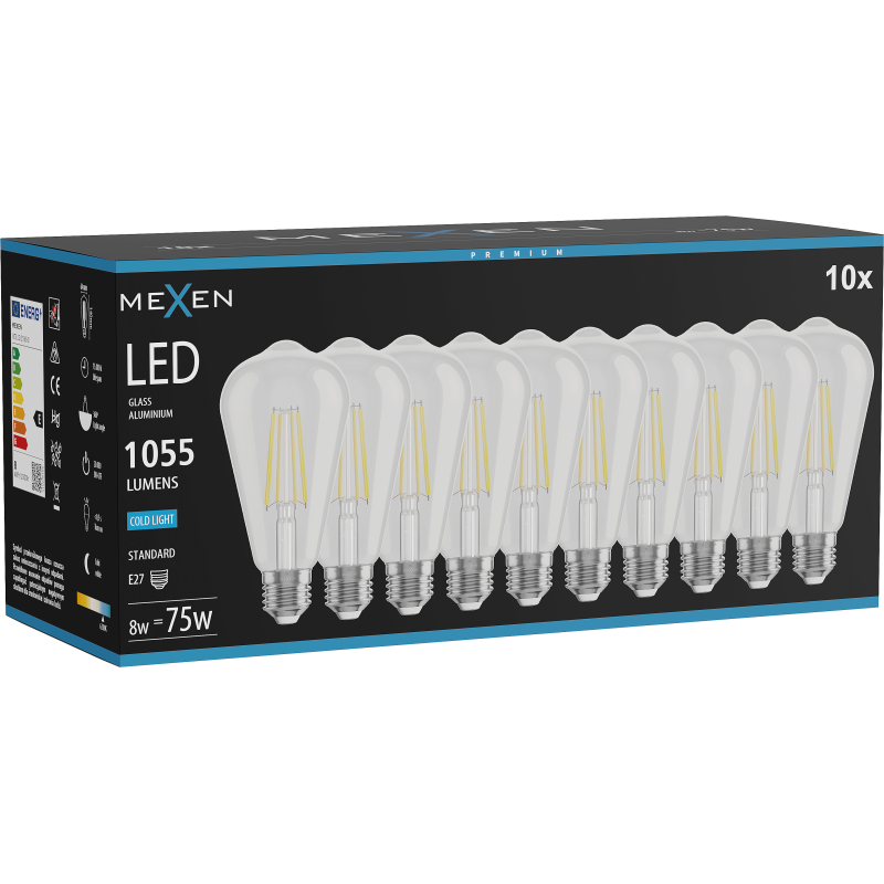 Mexen Vintis 10x Lemputė su siūleliu LED E27, ST64, 8W, Šalta - 6500K, 1055 lm, skaidri - L152-E27-0865-00x10