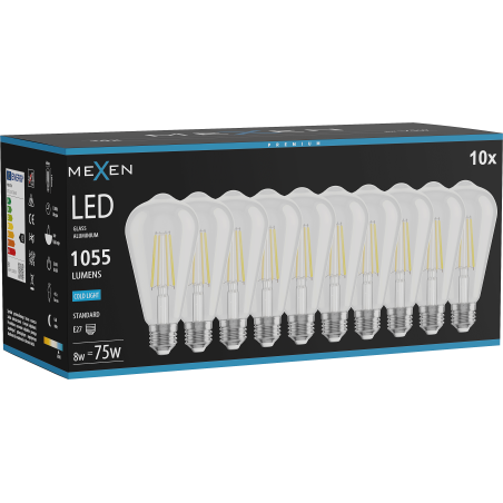 Mexen Vintis 10x Lemputė su siūleliu LED E27, ST64, 8W, Šalta - 6500K, 1055 lm, skaidri - L152-E27-0865-00x10