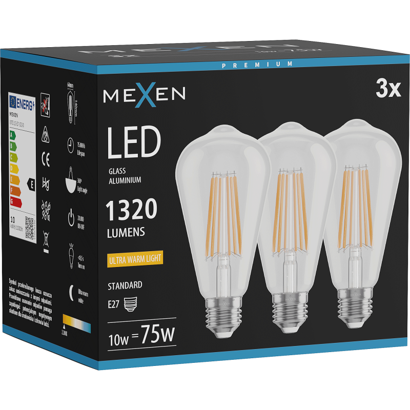 Mexen Vintis 3x LED siūlelio lemputė E27, ST64, 10W, Šilta - 2200K, 1320 lm, skaidri - L152-E27-1022-00x03
