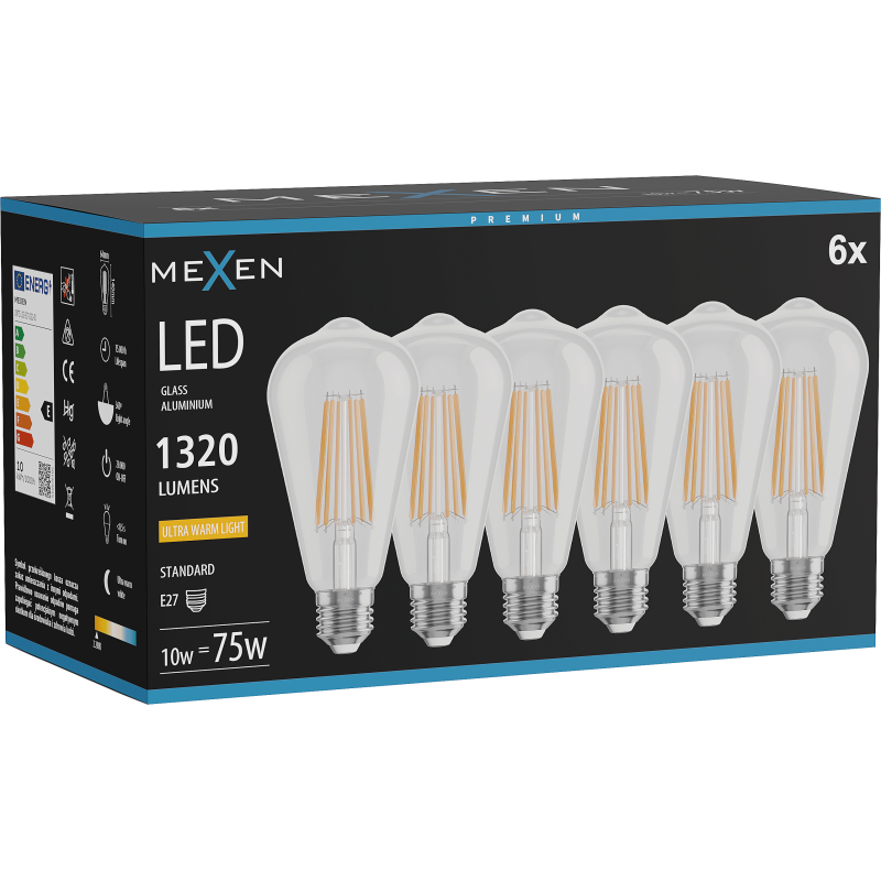 Mexen Vintis 6x lemputė filament LED E27, ST64, 10W, Šilta - 2200K, 1320 lm, skaidri - L152-E27-1022-00x06