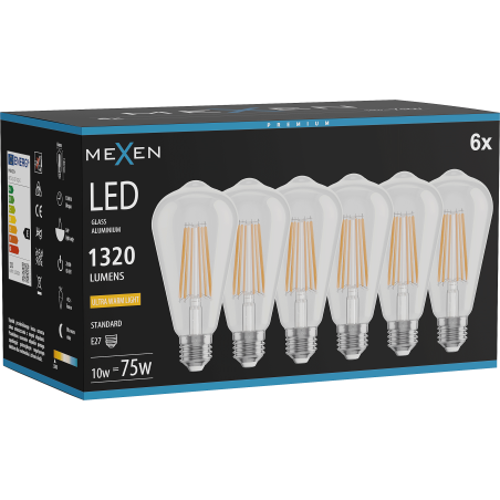 Mexen Vintis 6x lemputė filament LED E27, ST64, 10W, Šilta - 2200K, 1320 lm, skaidri - L152-E27-1022-00x06