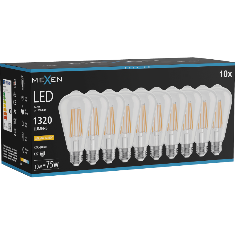 Mexen Vintis 10x LED filamentinė lemputė E27, ST64, 10W, Šilta - 2200K, 1320 lm, skaidri - L152-E27-1022-00x10