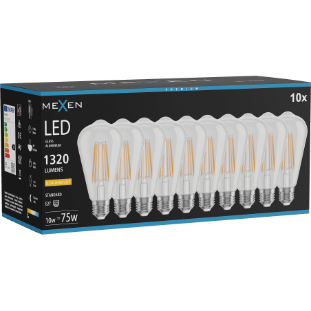 Mexen Vintis 10x LED filamentinė lemputė E27, ST64, 10W, Šilta - 2200K, 1320 lm, skaidri - L152-E27-1022-00x10
