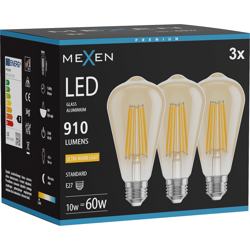 Mexen Vintis 3x LED siūlelio lemputė E27, ST64, 10W, Šilta - 2200K, 910 lm, gintaro spalvos - L152-E27-1022-50x03