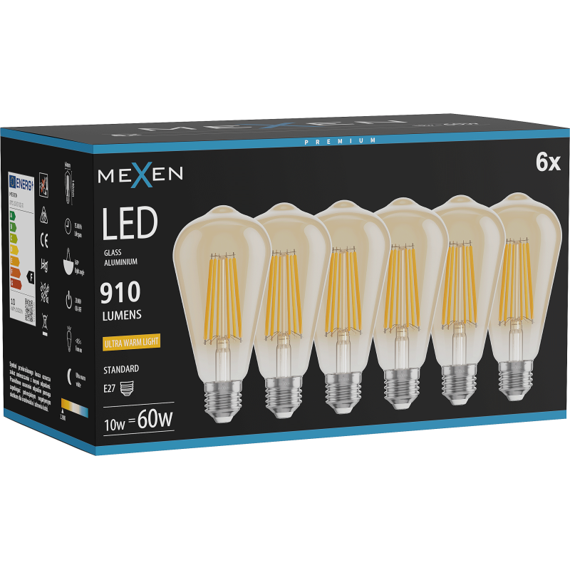 Mexen Vintis 6x LED kaitinamoji lemputė E27, ST64, 10W, Šilta - 2200K, 910 lm, gintarinė - L152-E27-1022-50x06