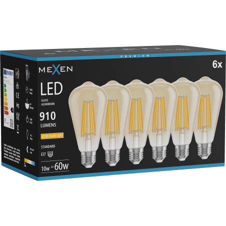 Mexen Vintis 6x LED kaitinamoji lemputė E27, ST64, 10W, Šilta - 2200K, 910 lm, gintarinė - L152-E27-1022-50x06