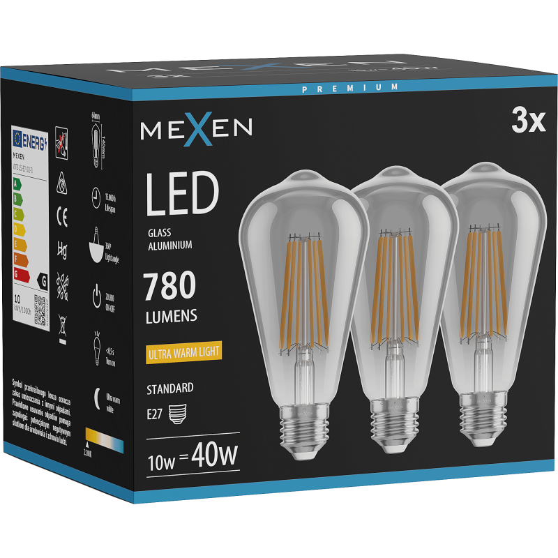 Mexen Vintis 3x LED gija lemputė E27, ST64, 10W, Šilta - 2200K, 780 lm, dūminė - L152-E27-1022-70x03