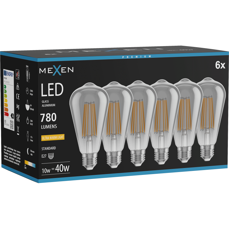 Mexen Vintis 6x LED Siūlų Lemputė E27, ST64, 10W, Šilta - 2200K, 780 lm, dūminė - L152-E27-1022-70x06