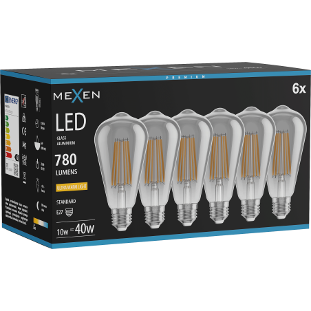 Mexen Vintis 6x LED Siūlų Lemputė E27, ST64, 10W, Šilta - 2200K, 780 lm, dūminė - L152-E27-1022-70x06