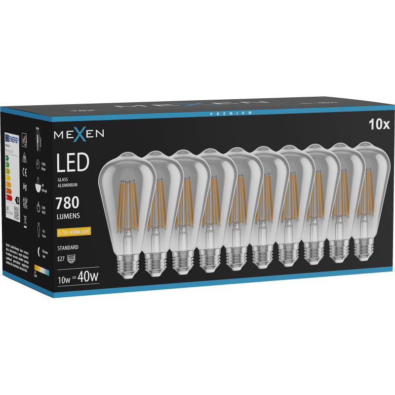 Mexen Vintis 10x LED kaitrinė lemputė E27, ST64, 10W, Šiltas - 2200K, 780 lm, dūminė - L152-E27-1022-70x10