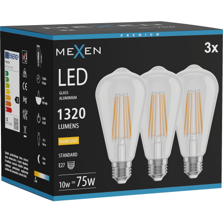 Mexen Vintis 3x LED filamentinė lemputė E27, ST64, 10W, Šilta - 2700K, 1320 lm, skaidri - L152-E27-1027-00x03