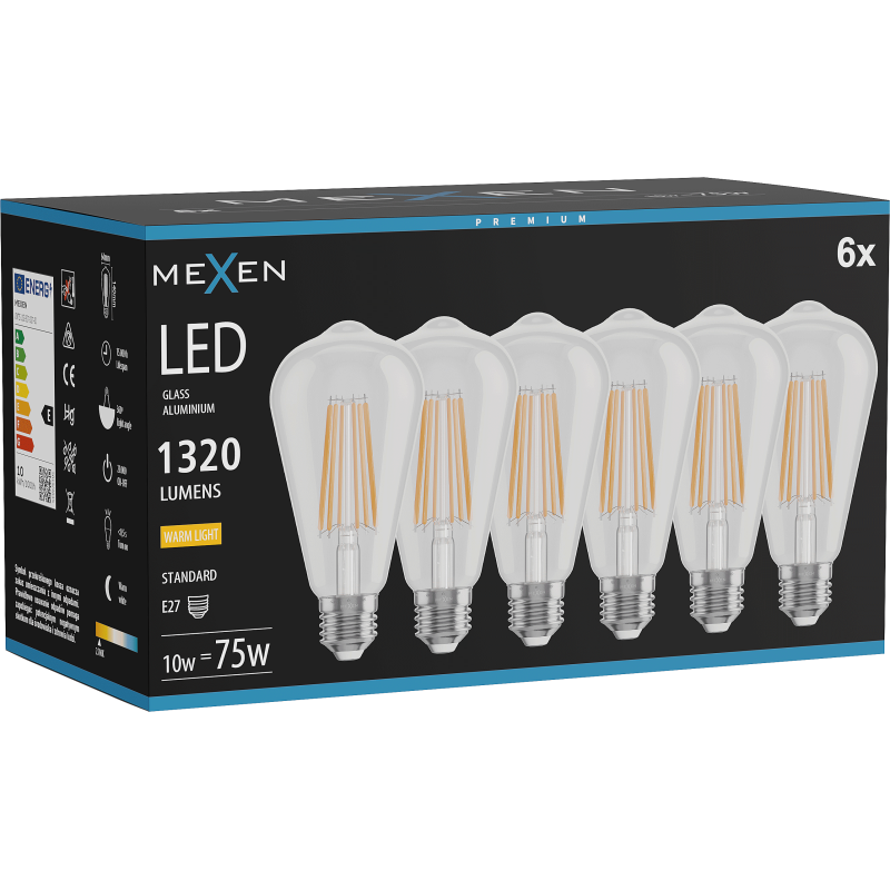 Mexen Vintis 6x LED siūlelis lemputė E27, ST64, 10W, Šilta - 2700K, 1320 lm, skaidri - L152-E27-1027-00x06