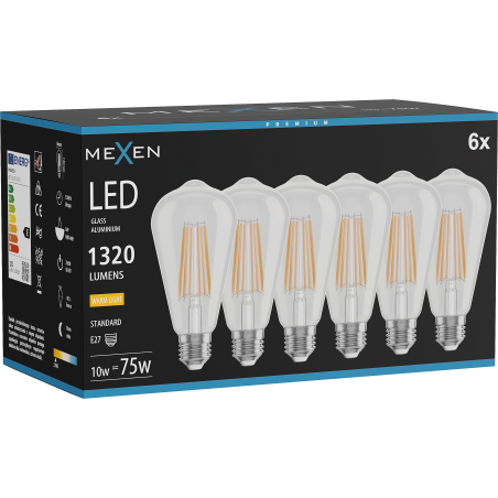 Mexen Vintis 6x LED siūlelis lemputė E27, ST64, 10W, Šilta - 2700K, 1320 lm, skaidri - L152-E27-1027-00x06