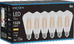 Mexen Vintis 6x LED siūlelis lemputė E27, ST64, 10W, Šilta - 2700K, 1320 lm, skaidri - L152-E27-1027-00x06