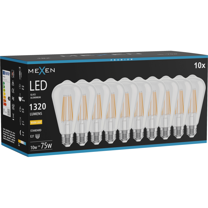 Mexen Vintis 10x LED siūlų lemputė E27, ST64, 10W, Šilta - 2700K, 1320 lm, skaidri - L152-E27-1027-00x10