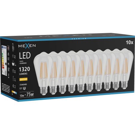 Mexen Vintis 10x LED siūlų lemputė E27, ST64, 10W, Šilta - 2700K, 1320 lm, skaidri - L152-E27-1027-00x10