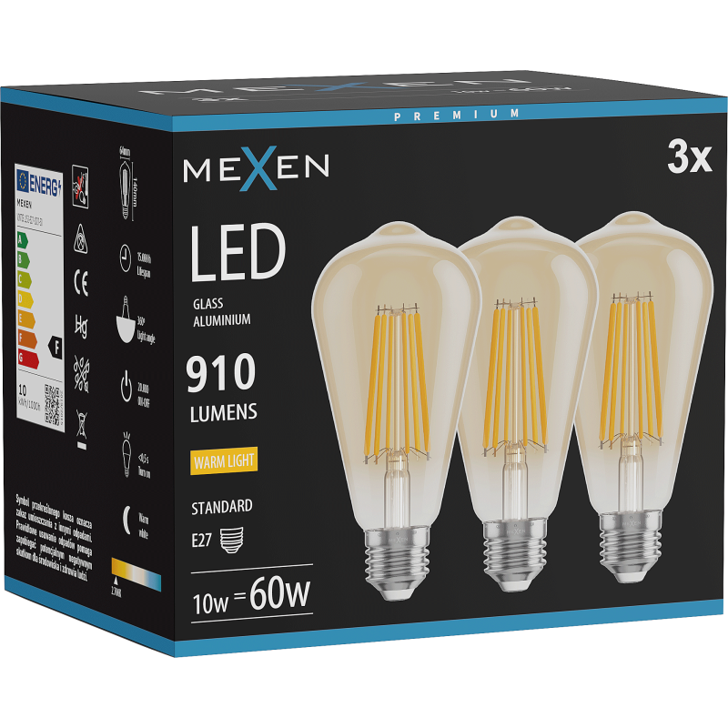 Mexen Vintis 3x LED gijų lemputė E27, ST64, 10W, Šilta - 2700K, 910 lm, gintarinė - L152-E27-1027-50x03