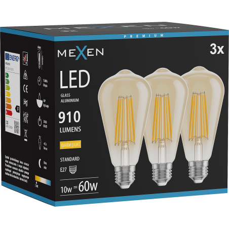 Mexen Vintis 3x LED gijų lemputė E27, ST64, 10W, Šilta - 2700K, 910 lm, gintarinė - L152-E27-1027-50x03