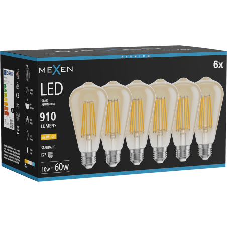 Mexen Vintis 6x LED siūlelio lemputė E27, ST64, 10W, Šilta - 2700K, 910 lm, gintarinė - L152-E27-1027-50x06