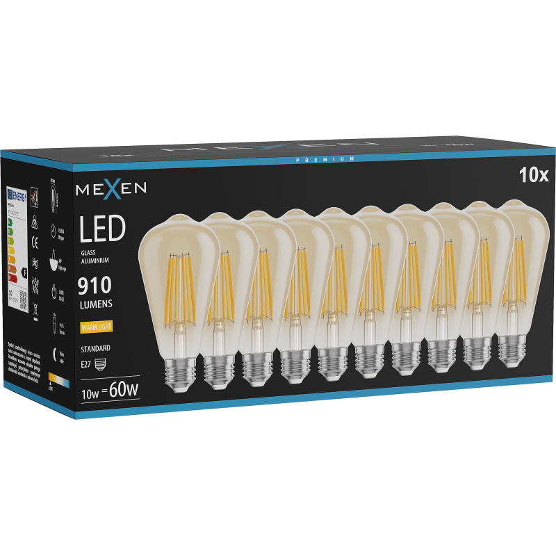 Mexen Vintis 10x LED gijos lemputė E27, ST64, 10W, Šilta - 2700K, 910 lm, gintarinė - L152-E27-1027-50x10