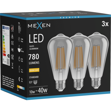 Mexen Vintis 3x LED gijų lemputė E27, ST64, 10W, Šilta - 2700K, 780 lm, dūminė - L152-E27-1027-70x03