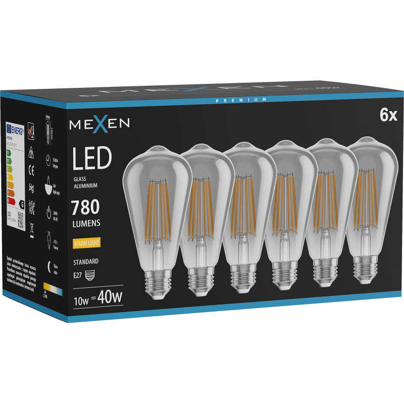 Mexen Vintis 6x Filamento šviesos diodas E27, ST64, 10W, Šiltas - 2700K, 780 lm, dūminė - L152-E27-1027-70x06