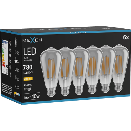 Mexen Vintis 6x Filamento šviesos diodas E27, ST64, 10W, Šiltas - 2700K, 780 lm, dūminė - L152-E27-1027-70x06