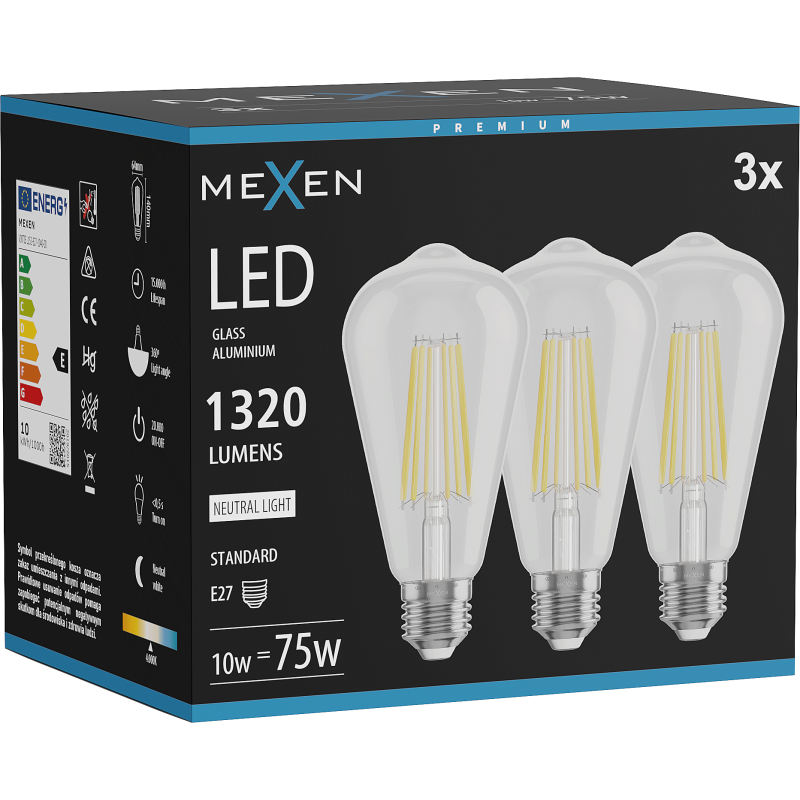Mexen Vintis 3x LED siūlelių lemputė E27, ST64, 10W, Neutrali - 4000K, 1320 lm, skaidri - L152-E27-1040-00x03