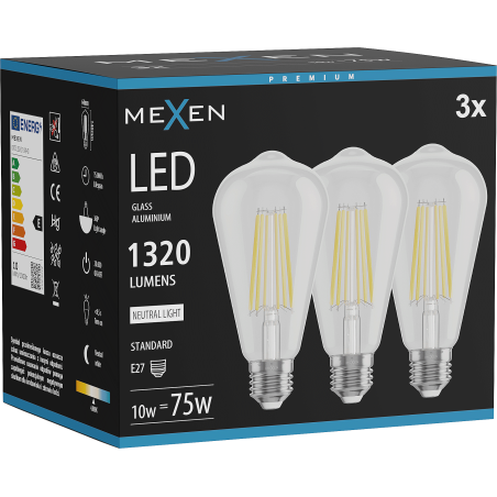 Mexen Vintis 3x LED siūlelių lemputė E27, ST64, 10W, Neutrali - 4000K, 1320 lm, skaidri - L152-E27-1040-00x03