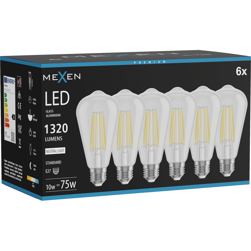 Mexen Vintis 6x LED filament lemputė E27, ST64, 10W, Neutrali - 4000K, 1320 lm, skaidrus - L152-E27-1040-00x06