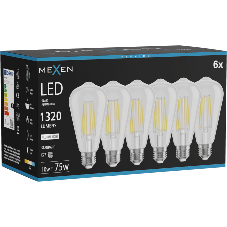 Mexen Vintis 6x LED filament lemputė E27, ST64, 10W, Neutrali - 4000K, 1320 lm, skaidrus - L152-E27-1040-00x06