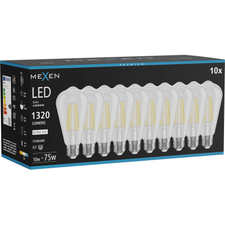 Mexen Vintis 10x kaitinimo siūlelio LED lemputė E27, ST64, 10W, Neutrali - 4000K, 1320 lm, skaidri - L152-E27-1040-00x10