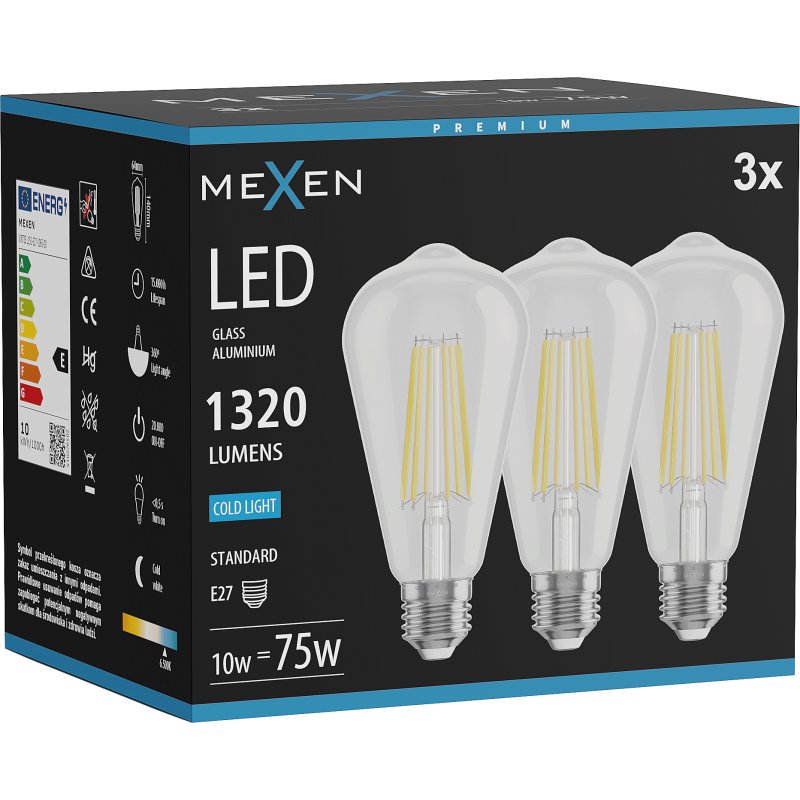 Mexen Vintis 3x LED gijų lemputė E27, ST64, 10W, Šalta - 6500K, 1320 lm, skaidri - L152-E27-1040-00x03 - L152-E27-1065-00x03